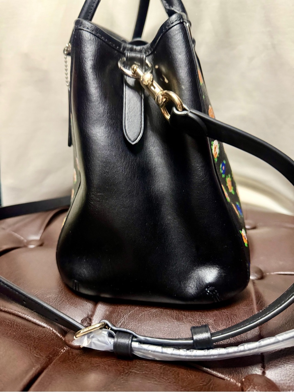 Used Coach Black Floral Leather Satchel - Coach - Picture 4 of 10